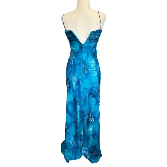 Y2K Vintage Cache Silk Floral Gown dress Blue Criss Cross Halter Size 6 - Picture 6 of 8